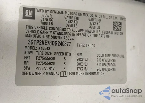 2013 GMC Sierra 1500 Sle z USA, uszkodzony, nr VIN 3GTP2VE78DG240877